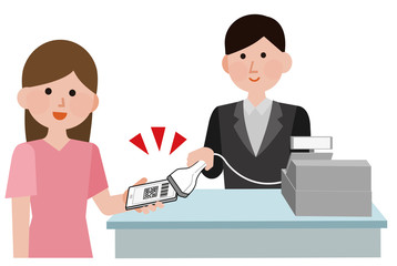 バーコードスキャン　電子マネーで支払う女性　イラスト