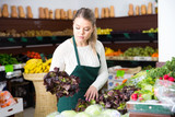 Salesgirl arranging greens