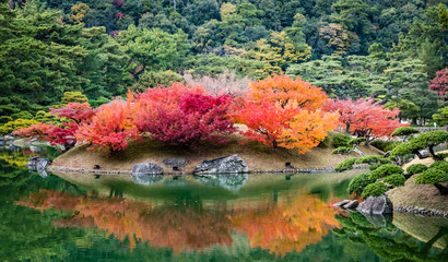 Bright red and orange maple trees on a small island reflect in a lake in Ritsurin Garden Japan