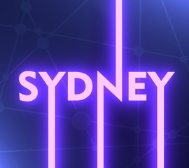 Image relative to Australia travel theme. Sydney city name in geometry style design. Creative vintage typography poster concept. 3D rendering. Neon bulb illumination