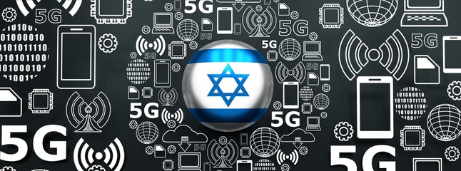 Mobile gadgets technology relative image. Circle frame with technology thin line icons. 5G Network Symbol. Flag of the Israel. 3D rendering