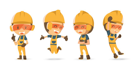 Set of Character Constructor worker in different emotions and expressions. Safety first.