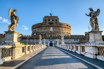 View of Castel Sant'Angelo and Sant'Angelo bridge with nobody - Rome, Italy.