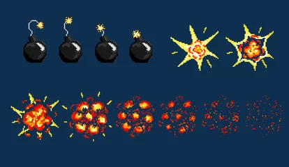 Foto auf Alu-Dibond Pixel art detonation of bomb. Game icons set. Comic boom flame effects for emotion. © Anna