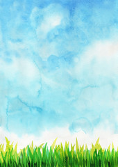 Green grass filed with blue sky watercolor hand painting background.