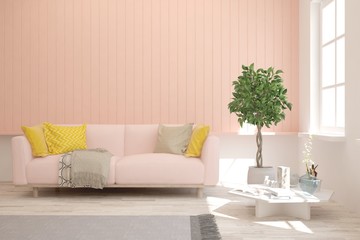 Stylish room in pink color with sofa. Scandinavian interior design. 3D illustration