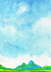 Green grass filed with blue sky watercolor hand painting background.