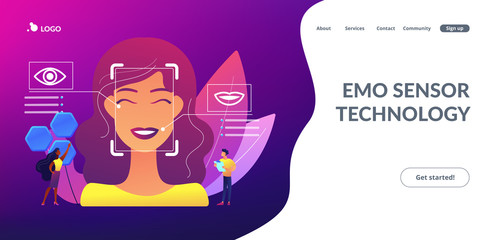 Tiny people scientists identify womans emotions from voice and face. Emotion detection, emotional state recognizing, emo sensor technology concept. Website vibrant violet landing web page template.