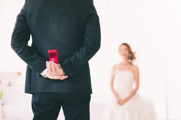 Groom hides wedding ring box to bring to bride..