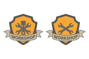 Crossed keys shield and banner with text. Color illustration advertising a workshop