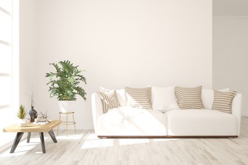 Stylish room in white color with sofa. Scandinavian interior design. 3D illustration