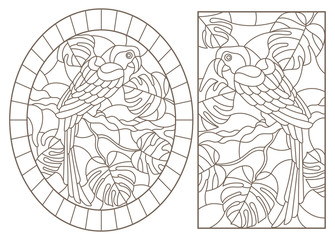 Obraz premium Set contour illustrations with birds parrots and leaves of tropical plants, dark contours on white background
