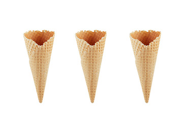 Set of three empty crisp ice cream cones isolated on white background, mock up for advertising, design, menu.