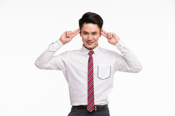 Man plays a role, that has wall in front of him..