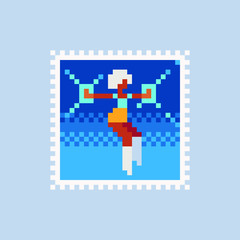 Cute abstract cheerleader girl, vintage postmark template pixel art icon, poster, picture. Design for logo, sticker and mobile app. Сartoon flat style. Isolated vector illustration. 