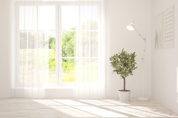 Fototapeta premium Stylish empty room in white color with summer landscape in window. Scandinavian interior design. 3D illustration