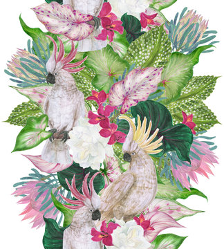 Watercolor painting seamless border with tropical flowers, leaves and cockatoo parrot birds  on white background