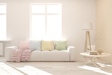 Stylish room in white color with sofa. Scandinavian interior design. 3D illustration