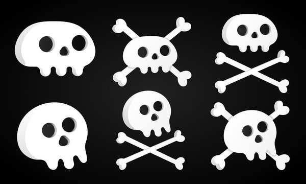6 Simple flat style design sculls with crossed bones set icon sign vector illustration isolated on black background. Human part head, Jolly Roger pirat flag symbol or halloween scary decoration