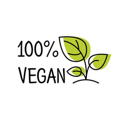 100 % Vegan label line style logo with green leaf, sticker template for product packaging, vector