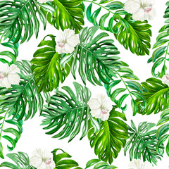 Beautiful watercolor tropical pattern with hibiscus flowers and tropical leaves. 