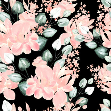 Beautiful Watercolor seamless pattern with peony flowers. 