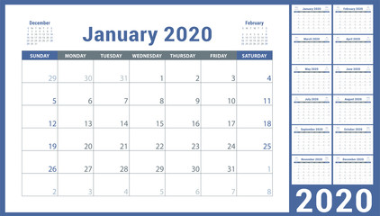2020 calendar design. English planner. Сolor vector template. Week starts on Sunday. Business planning. New year calender. Clean minimal table