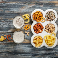 Lager beer and snacks