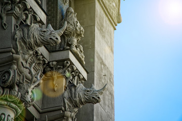 Kyiv, Ukraine - July 6, 2018: House with chimeras in the center of Kiev. Art Nouveau building with sculptures of mythical animals. The most original creation of architect Vladislav Gorodetsky in Kiev