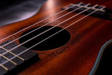 Close up of ukulele on old background
