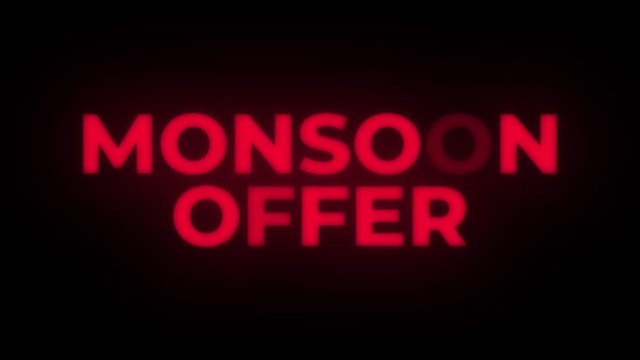 Monsoon Sale Text Blinking Flickering Neon Red Sign Loop Background. Sale, Discounts, Deals, Special Offers. Green Screen and Alpha Matte