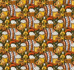 Cartoon cute Doodle hand drawn Oktoberfest seamless pattern. Beer icons. Colorful detail, with lots of background objects. Endless funny vector illustration. Bright background with beer symbols