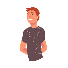 Smiling Guy Wearing Earphones Listening to Music, Happy Boy Using Smartphone or Audio Player Vector Illustration