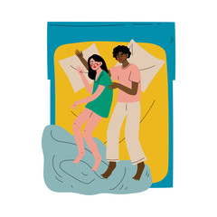 Interracial Couple Sleeping Together in Double Bed at Night View From Above Vector Illustration
