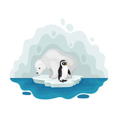 Polar bear and penguin on an ice floe. Vector illustration on a white background.