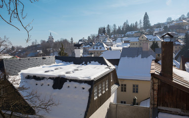 Banska Stiavnica - Slovakia - unesco monument - New castle and the roofs of the town in winter...