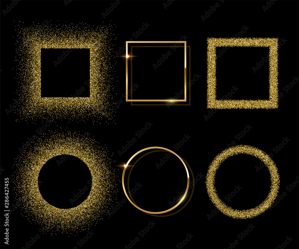 Poster golden shiny round and square frames with shadows isolated on black background. vector golden luxury