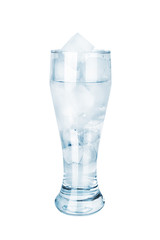 One transparent glass full of cool crystal clear water and ice cubes on white background isolated close up, blue cup of cold mineral icy water, tonic or cocktail design, natural fresh drink concept