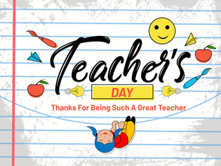 Happy Teacher's Day. Creative Colorful Hand Drawn Doodle Set of Objects on grunge brush Background for Happy Teacher's Day Celebration. Hanging cute girl with happiness_Vector,illustration.