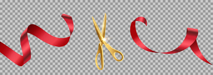 Golden scissors cut red ribbon realistic illustration