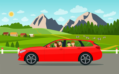 Fototapeta na wymiar Family driving in station wagon car on weekend holiday. Summer landscape. Vector flat style illustration.