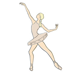 Obraz na płótnie Canvas Ballerina in ballet tutu and pointe shoes on her toes. Classical dancer silhouette in elegant pose. Vector flat illustration. Isolated hand drawn black contour and pastel colors.