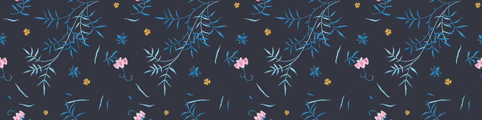 Mediterranean decor with modern illustrations on indigo background. Varicolored feminine fabric design with tea rose and clematis natural petals. Floral seamless pattern, Renaissance flower art style