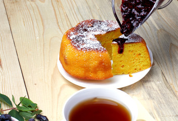 Cottage cheese casserole, fresh honeysuckle and jam, a cup of tea, a simple rustic breakfast.