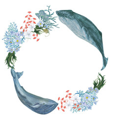 Watercolor painting frame with whales, corals, flowers isolated on white