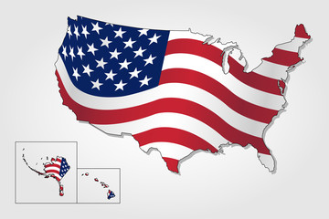 USA map combined with waving USA flag. USA silhouette or border for geographic themes - vector