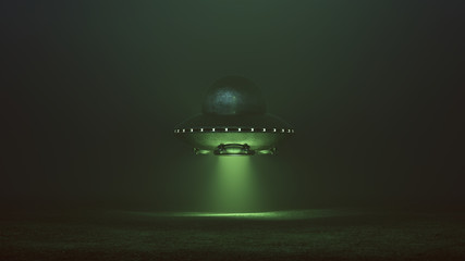 Silver UFO Hovering in the Distance with Green Glowing Lights in a Green Foggy Environment 3d illustration 3d render  