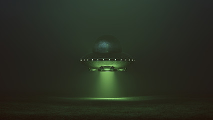 Silver UFO Hovering in the Distance with Green Glowing Lights in a Green Foggy Environment 3d illustration 3d render   © paul