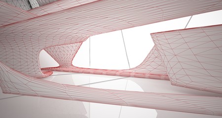 Drawing abstract architectural white interior of a minimalist house with large windows. 3D illustration and rendering.