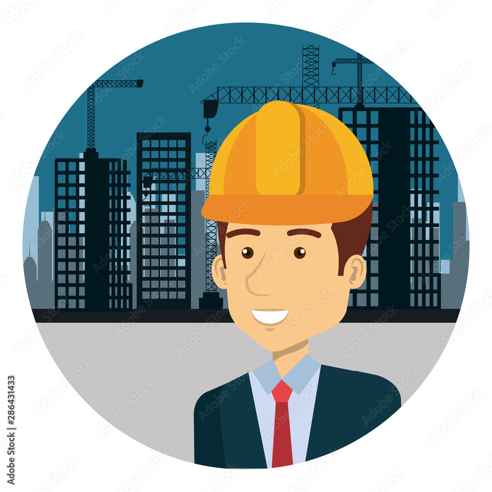 Poster engineer with helmet in the workside character
